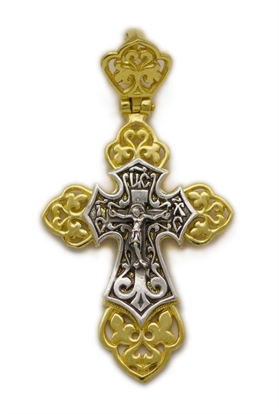 Крест серебрянный, Позолота красная 585*, с корундами, Спаси и сохрани, Духовное наследие, 3.39 гр. 225450