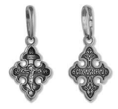 Крест серебрянный, Чернение (оксидирование), с корундами, Спаси и сохрани, коллекция "Липецк", 1.18 гр. 225358