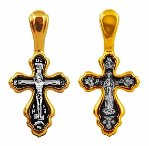 Крест серебрянный, Позолота желтая 999* Чернение (оксидирование), с корундами, Валаамская Божья Матерь, коллекция "Санкт-Петербург", 2.15 гр. 225250