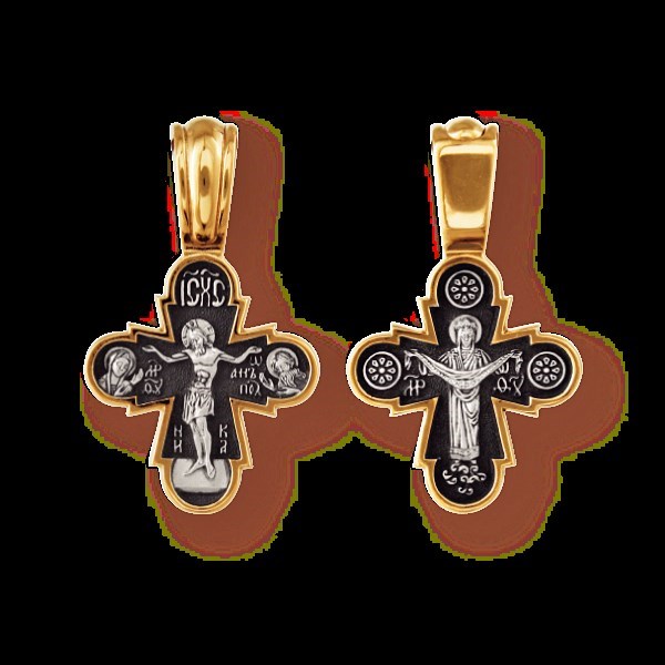Крест серебрянный, Позолота желтая 999* Чернение (оксидирование), с корундами, Покров Пресвятой Богородицы, коллекция "Санкт-Петербург", 2.90 гр. 225209