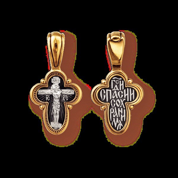 Крест серебрянный, Позолота желтая 999* Чернение (оксидирование), с корундами, Господи, спаси и сохрани, коллекция "Санкт-Петербург", 2.94 гр. 225151