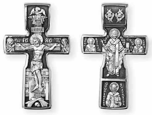 Крест серебрянный, Чернение (оксидирование), с корундами, Николай Чудотворец, коллекция "Санкт-Петербург", 12.47 гр. 225120 - фото 13283