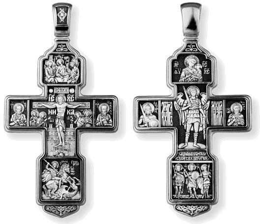 Крест серебрянный, Чернение (оксидирование), с корундами, Михаил Архангел-Святые воины-Тихвинская Божья Матерь-Троица Св.-, коллекция "Санкт-Петербург", 19.87 гр. 225003