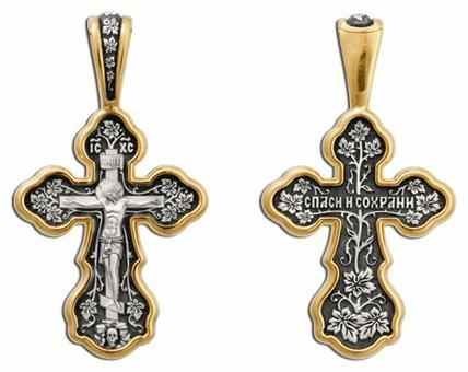 Крест серебрянный, Позолота желтая 999* Чернение (оксидирование), с корундами, Спаси и сохрани, коллекция "Санкт-Петербург", 6.52 гр. 224964