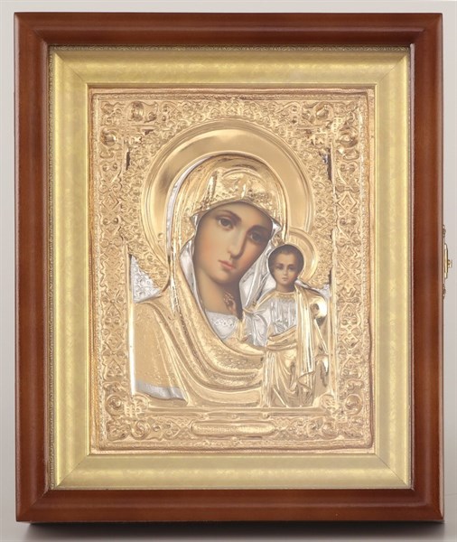 Икона фото в киоте 18х24 Казанская Богородица золочёная багетный подрамник 238956