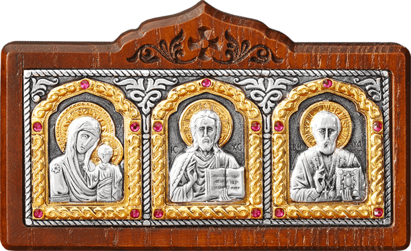 Икона автомобильная серебряная с позолотой на дереве 253563