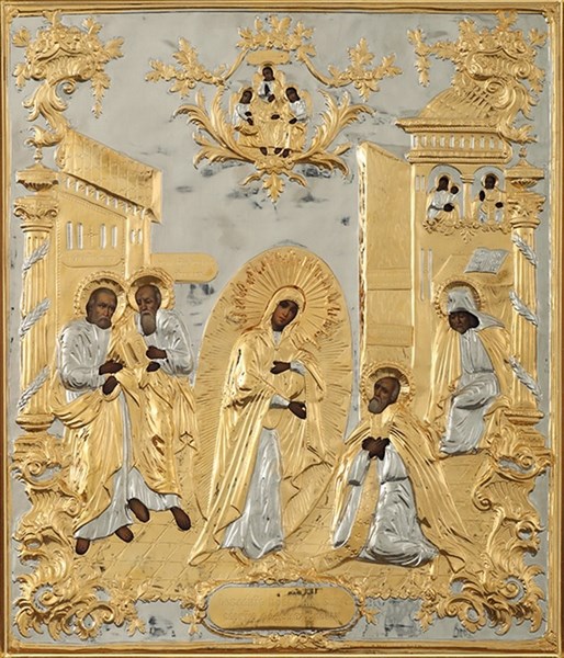 Икона живописная в ризе 30х40 объемная золочение Явление Богородицы С.Радонежскому 237452