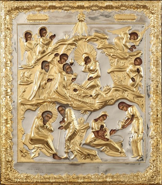 Икона живописная в ризе 24х30 объемная золочение Рождество Христово 237358