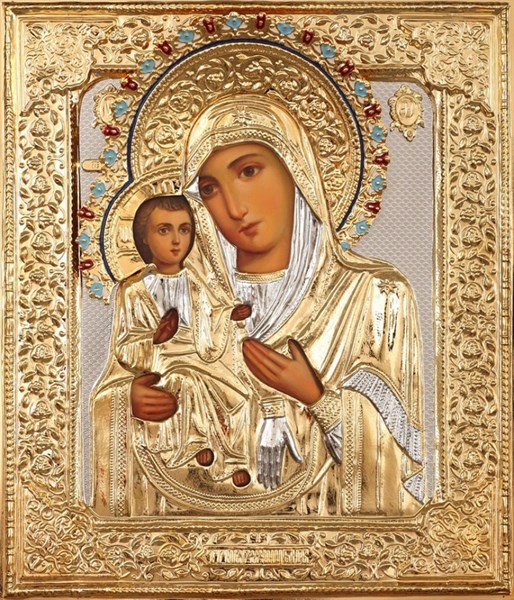 Икона живописная в ризе 24х30 объемная эмаль золочение Троеручица 237346 - фото 15688