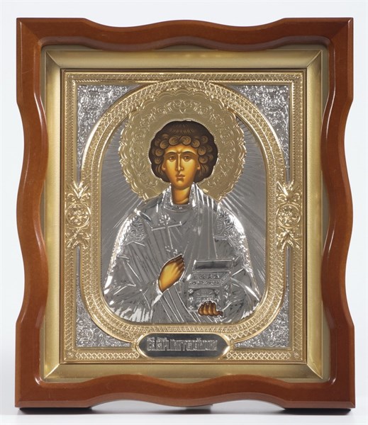Икона в киоте 18х24 фигурный объёмная никель золочение Пантелеимон 236031