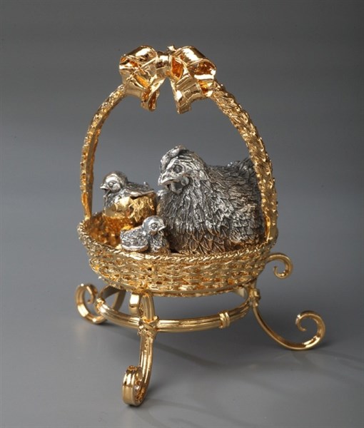 Пасхальная скульптура курица с птенцами золочение серебрение 219026
