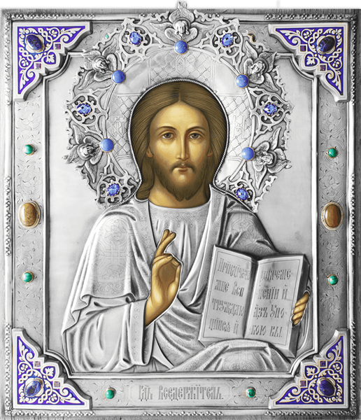 Икона Господь Вседержитель серебряная риза на дереве 253374