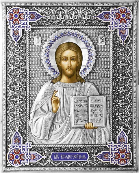 Икона Господь Вседержитель серебряная риза на дереве 253360 - фото 22053