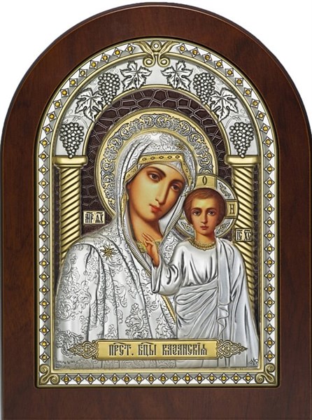 Икона серебряная Казанская Божья Матерь позолоченная с эмалью 243095
