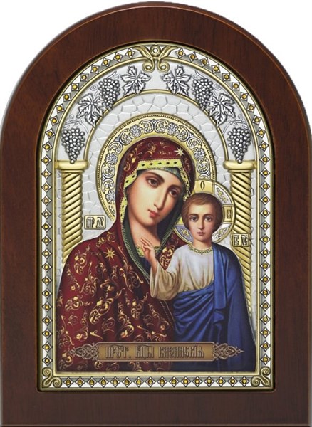 Икона освященная Казанская Божья Матерь серебряная на дереве 243102