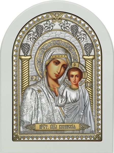 Икона серебряная Казанская Божья Матерь позолоченная на белом дереве 243105