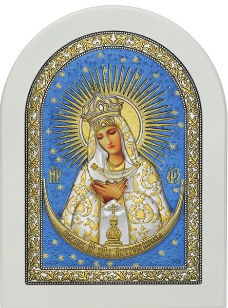 Икона серебряная Остробрамской Божией Матери на белом дереве 243137