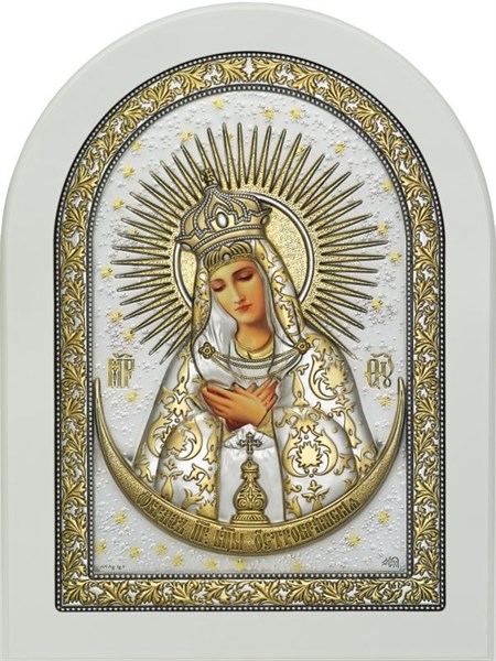 Икона Остробрамская Божия Матерь серебряная на белом дереве 243143