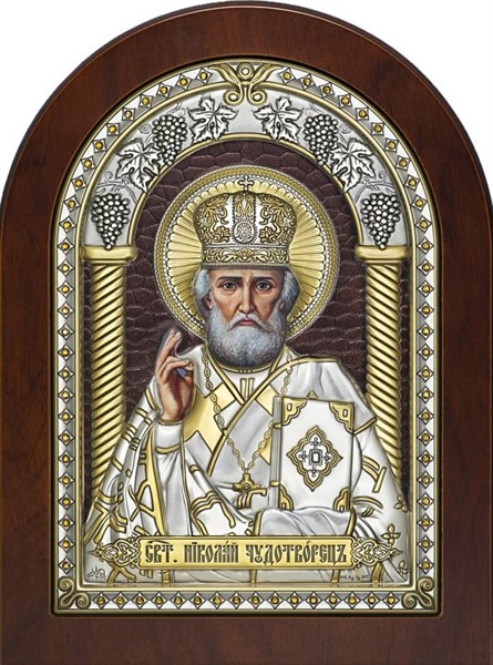 Икона освященная Николай Чудотворец серебряная на дереве с эмалью 243258