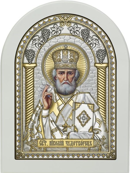 Икона серебряная Николай Угодник позолоченная на белом дереве 243265 - фото 22933