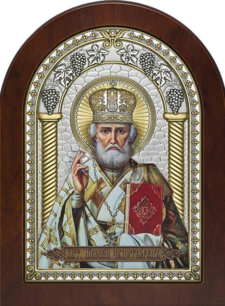 Икона серебряная Николай Угодник позолоченная с эмалью 243267