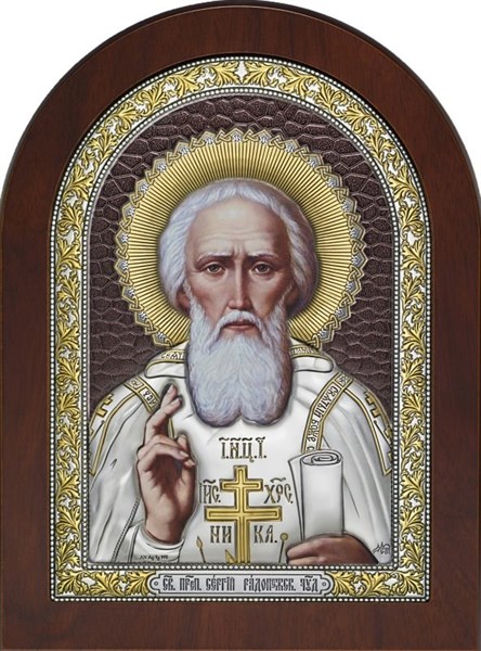 Икона Святой Сергий Радонежский серебряная на дереве 243300