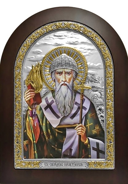 Икона освященная Спиридон Тримифунтский Святитель на дереве позолоченная с эмалью 243312 - фото 23029