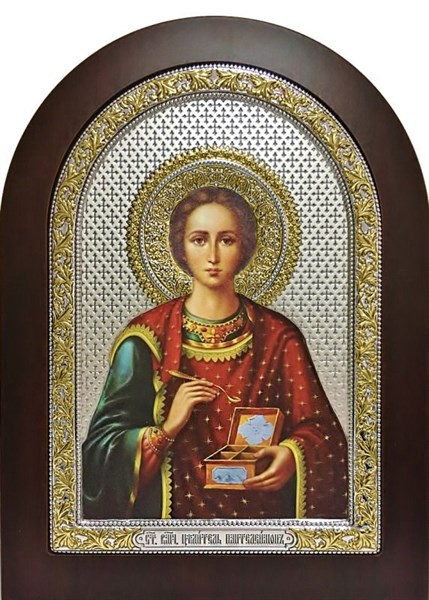 Икона серебряная Пантелеймон Целитель на дереве с эмалью 243326 - фото 23071