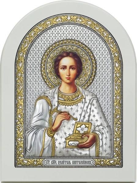 Икона серебряная Пантелеймон Целитель на белом дереве 243334 - фото 23095