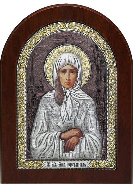 Икона серебряная Святая Ксения Петербургская на дереве с эмалью 243349