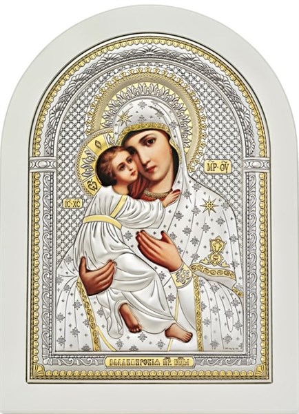 Икона серебряная Владимирской Божьей Матери на белом дереве позолоченная 243489