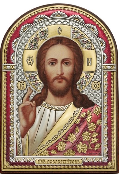 Подарочная икона серебряная Господь Вседержитель на коричневом дереве 243594