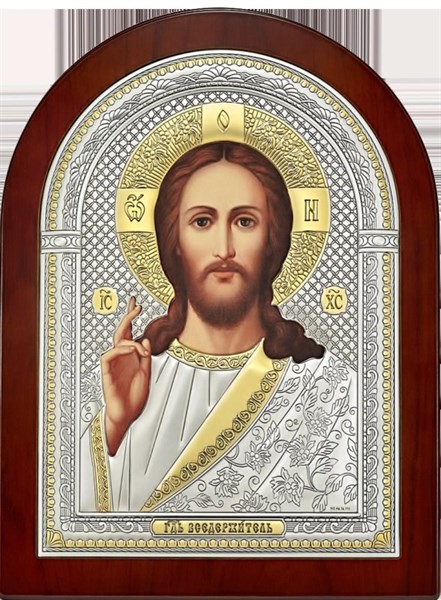 Икона серебряная Спас Пантократор на дереве позолоченная 243611