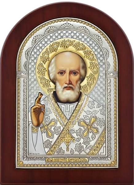 Икона Святитель Николай Чудотворец серебряная на дереве позолоченная 243648