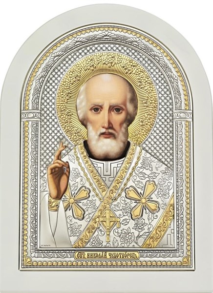 Подарочная освященная икона Николая Чудотворца на белом дереве серебряная позолоченная 243653