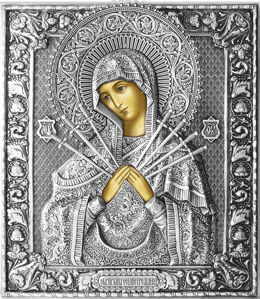 Икона Семистрельная Божья Матерь серебряная риза на дереве 253352