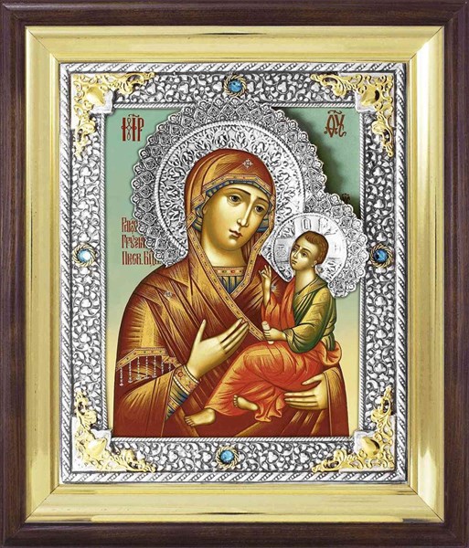 Икона Грузинская Божья Матерь серебряная риза в деревянном киоте 253178 - фото 26590