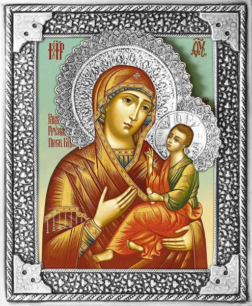 Икона Грузинская Божья Матерь серебряная риза на дереве 253175 - фото 26595
