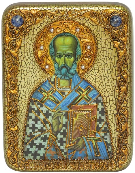 Подарочная икона Святитель Николай, архиепископ Мир Ликийский (Мирликийский), чудотворец на мореном дубе 20х15 20320