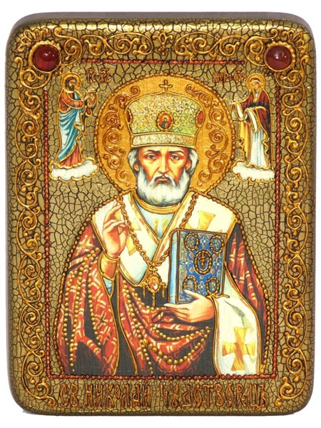 Подарочная икона Святитель Николай, архиепископ Мир Ликийский (Мирликийский), чудотворец на мореном дубе 20х15 20362