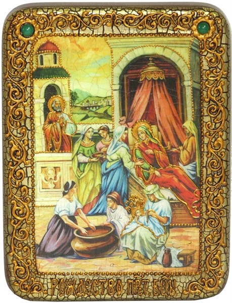 Подарочная икона Рождество Пресвятой Богородицы на мореном дубе 20х15 20394