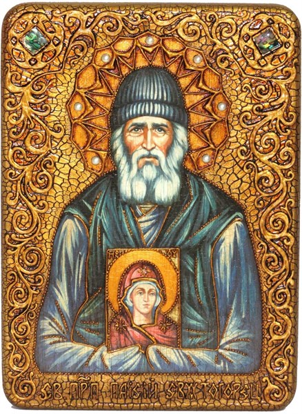 Аналойная икона Паисий Святогорец на мореном дубе 29х21 20409