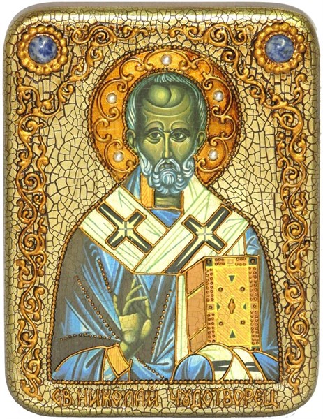 Подарочная икона Святитель Николай, архиепископ Мир Ликийский (Мирликийский), чудотворец на мореном дубе 20х15 20484