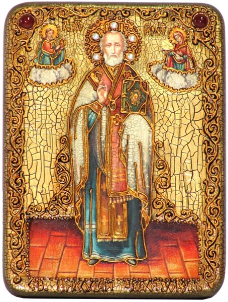 Подарочная икона Святитель Николай, архиепископ Мир Ликийский (Мирликийский), чудотворец на мореном дубе 20х15 20520