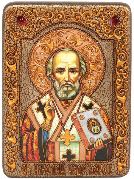 Аналойная икона Святитель Николай, архиепископ Мир Ликийский (Мирликийский), чудотворец на мореном дубе 29х21 20718