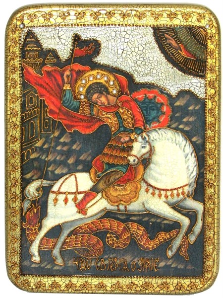 Аналойная икона Чудо святого Георгия о змие на мореном дубе 29х21 20873 - фото 33575