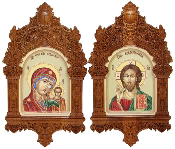 Рукописная пара подарочных икон Казанская икона Божией Матери и Господь Вседержитель на кипарисе 20х15 20984 - фото 33686