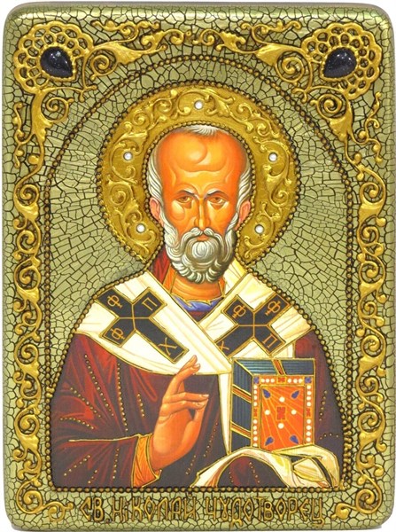 Аналойная икона Святитель Николай, архиепископ Мир Ликийский (Мирликийский), чудотворец на мореном дубе 29х21 21076 - фото 33778