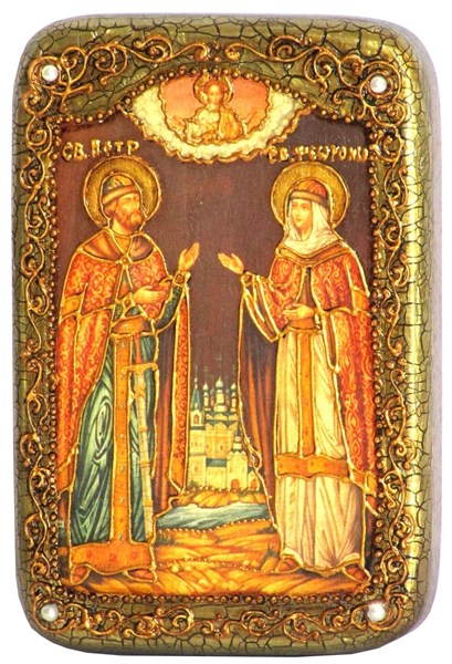 Настольная икона Петр и Февронья на мореном дубе 15х10 20561 - фото 34804