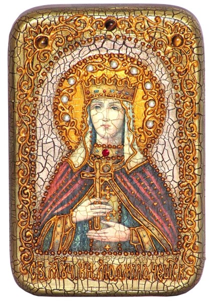 Настольная икона Святая Мученица Людмила Чешская на мореном дубе 15х10 20627